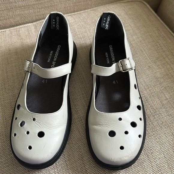 Girauden Sport Leather Mary Jane Thick Chunky Heel Laser Cut Strap w/ Buckle 41 - Picture 3 of 13